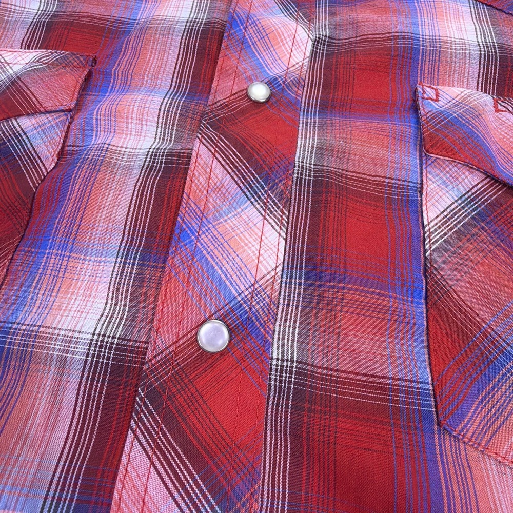 Wrangler Mens XL Red White & Blue Plaid Pearl Snaps Short Sleeve Button Up Shirt - Picture 3 of 8